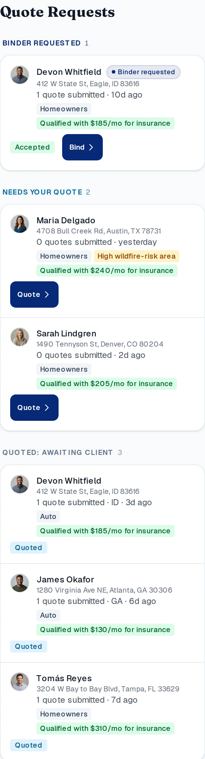 The agent demo inbox on a phone: the binder-requested win at the top, then the quote requests in one column, each with the monthly insurance amount the borrower qualified with and its status