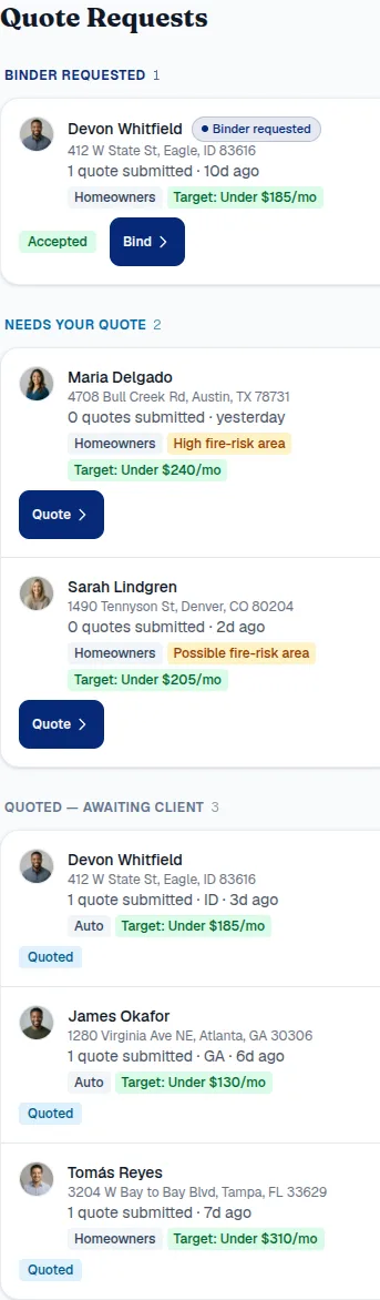 The agent demo inbox on mobile: a binder-requested win up top, then single-column quote requests with the lender's premium target chips and quoted statuses