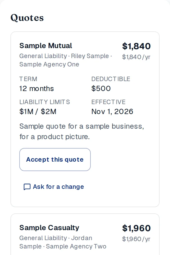 Sample General Liability quotes on a phone: Sample Mutual at $1,840 a year with its term, deductible, limits and effective date, and the next quote, Sample Casualty at $1,960