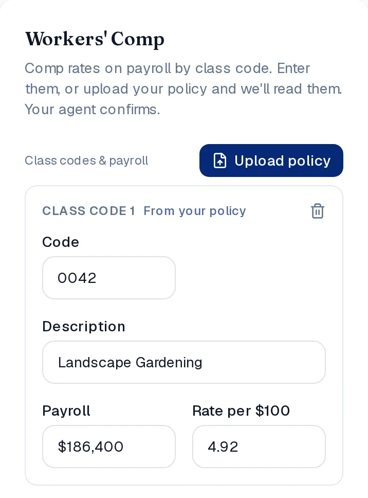 The Workers' Comp card on a phone: the Upload policy button and a class code read from the policy, marked From your policy
