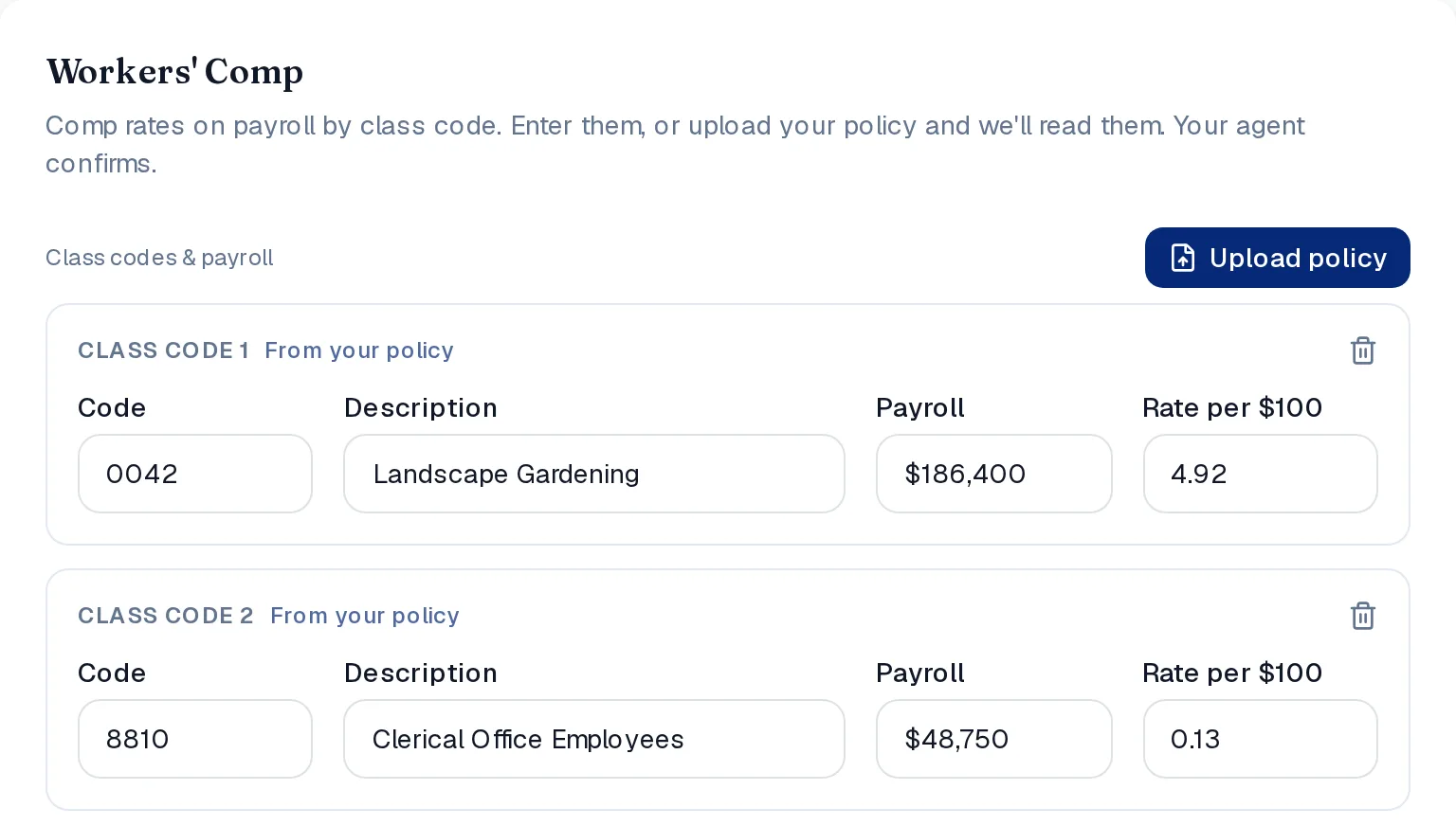 The business insurance profile's Workers' Comp card: an Upload policy button, and two class codes with their descriptions, payroll and rates, each marked From your policy