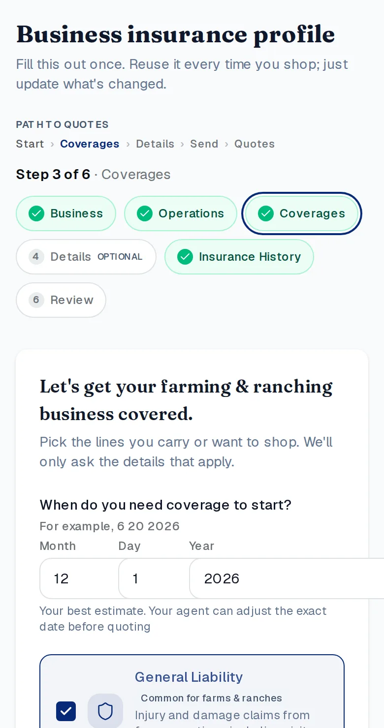 The business insurance profile's coverage step on a phone: the step list, the trade's heading, the start date and the first coverage line