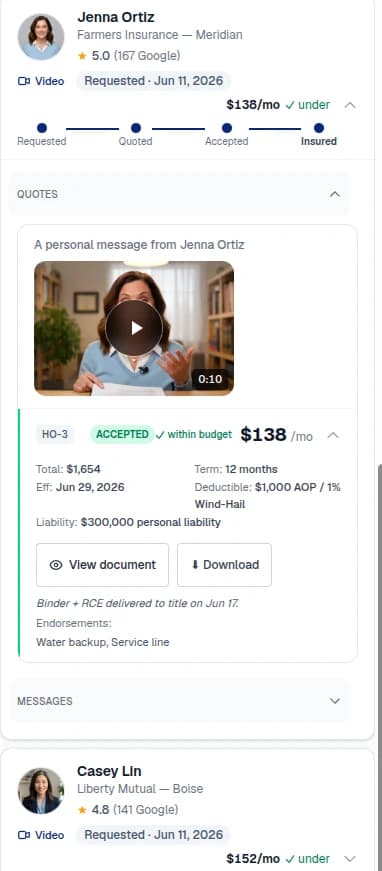 The lender demo's mobile borrower file: an accepted Farmers Insurance quote at $138/mo with a personal video message from the agent and the binder delivered, above a competing Liberty Mutual quote at $152/mo