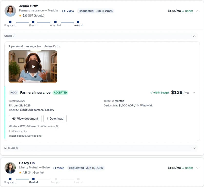 Two agent quotes side by side in the lender demo: an accepted Farmers Insurance quote at $138/mo with a personal video message from the agent and the binder delivered, above a competing Liberty Mutual quote at $152/mo