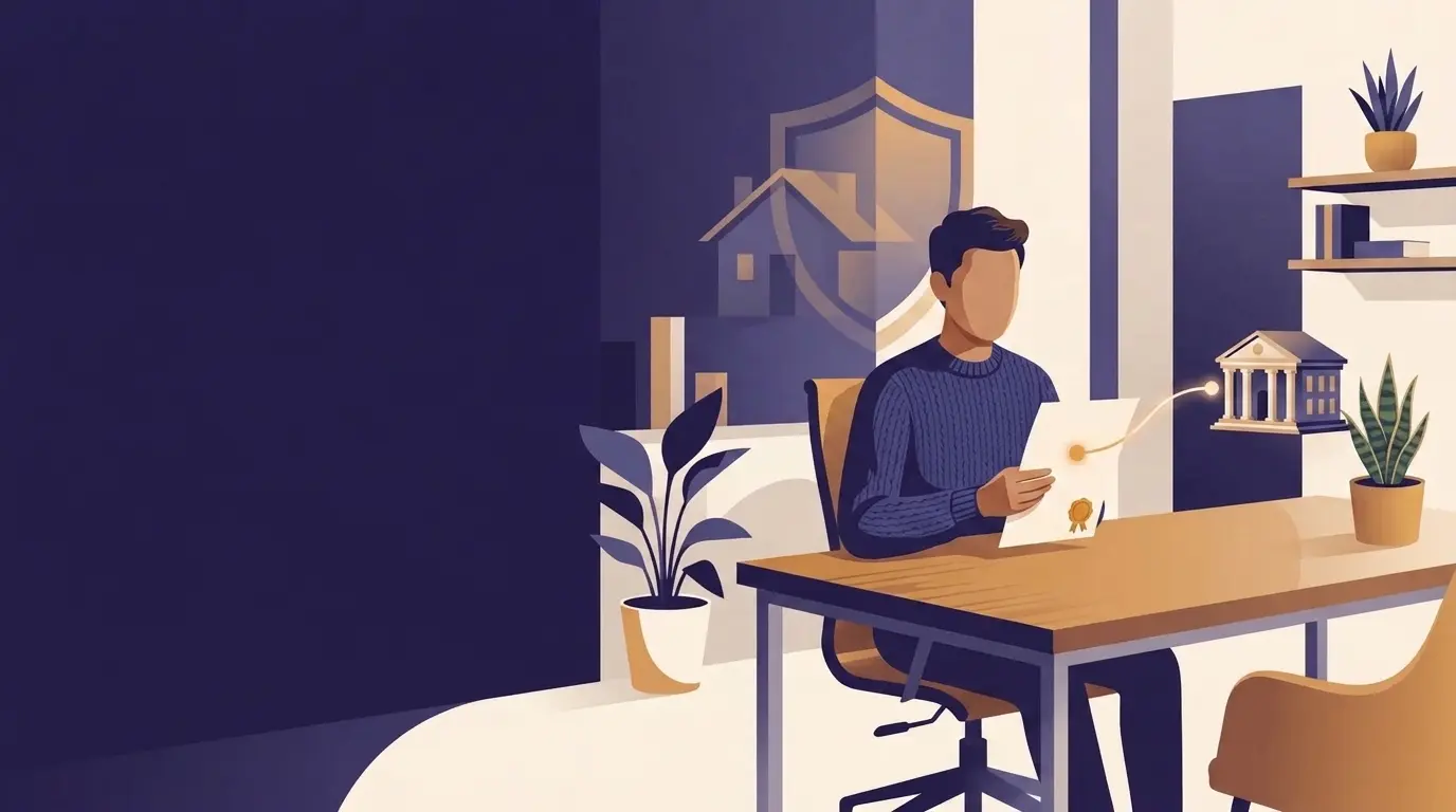 Illustration of a home buyer holding an insurance binder document, with the coverage flowing to their lender