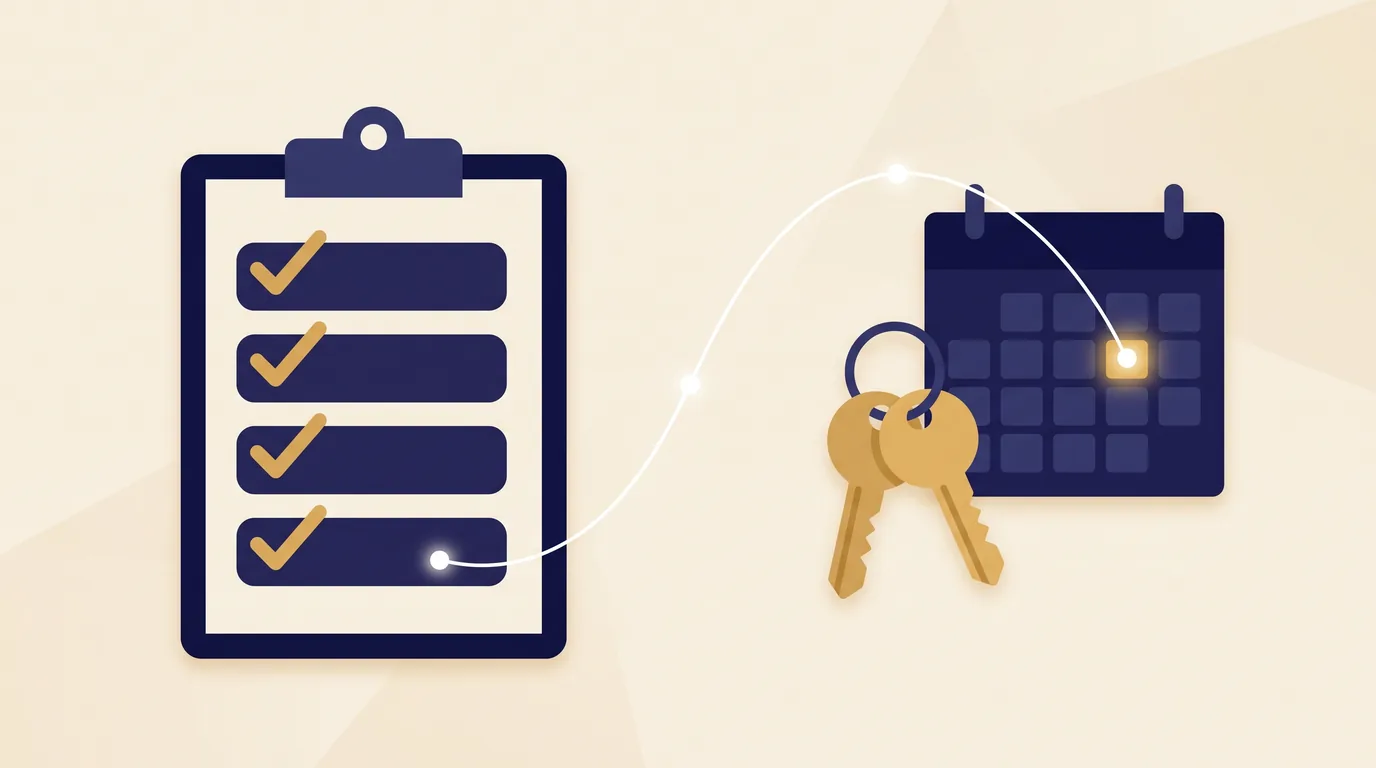 Illustration of a completed mortgage checklist beside house keys and a calendar marking closing day, showing a loan cleared to close