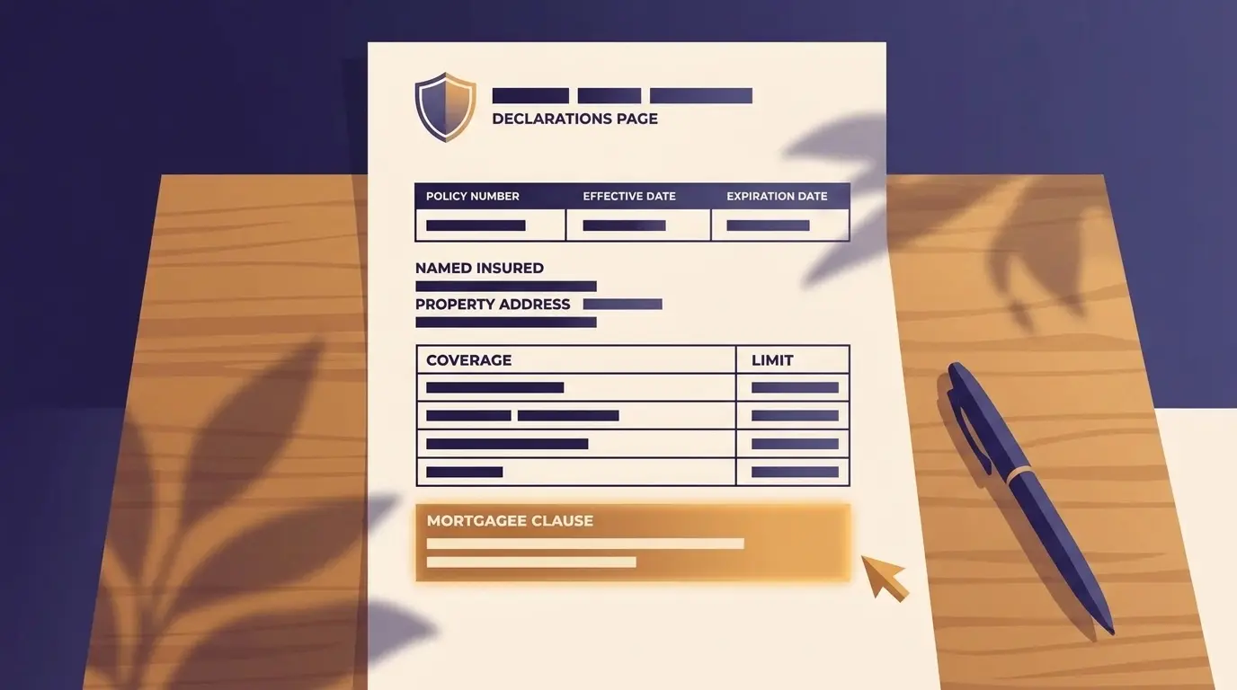 Illustrated declarations page with the mortgagee clause block highlighted near the bottom, marked by an arrow
