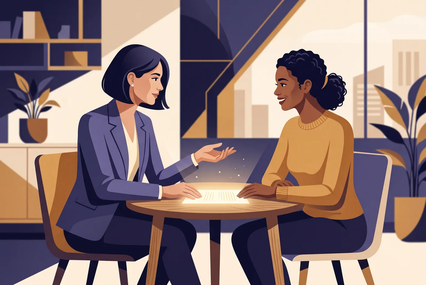 Illustration of two professionals reviewing a document together across a table