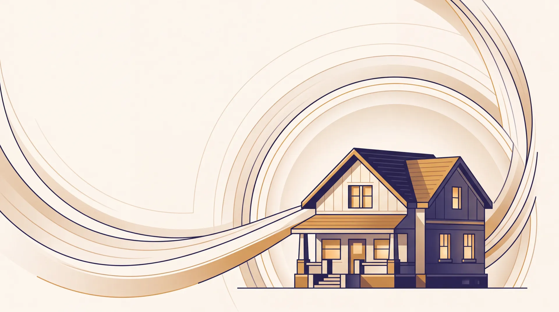 Editorial illustration of a home gently wrapped in flowing protective arcs