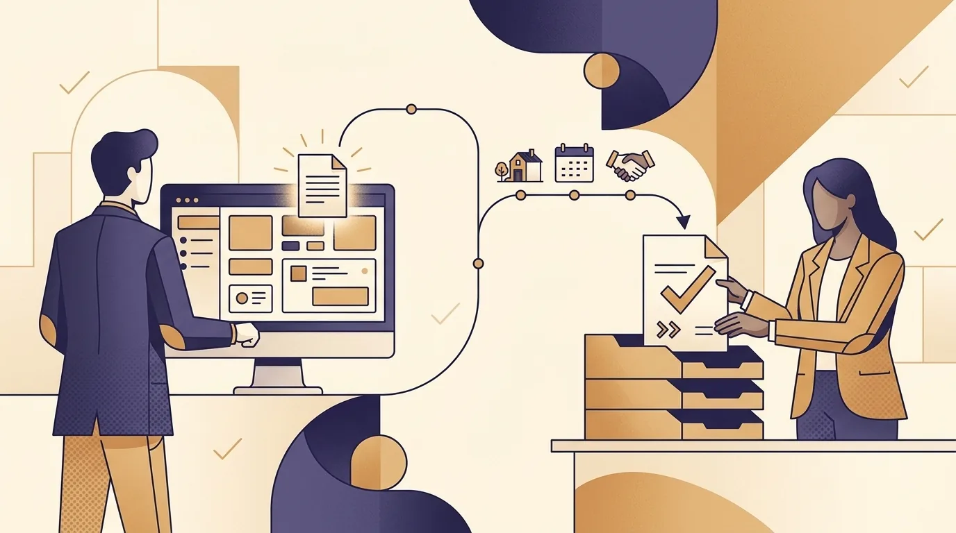 Editorial illustration of a loan file leaving a lender's loan-origination screen, traveling a connector path past house, calendar, and handshake icons, and arriving as a checked insurance document in an inbox tray