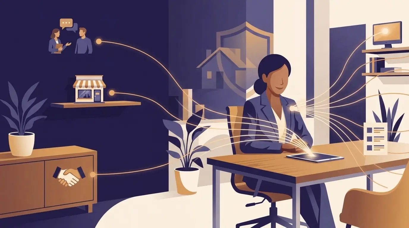 Illustration of an insurance agent whose tablet receives quote requests flowing in from five different channels