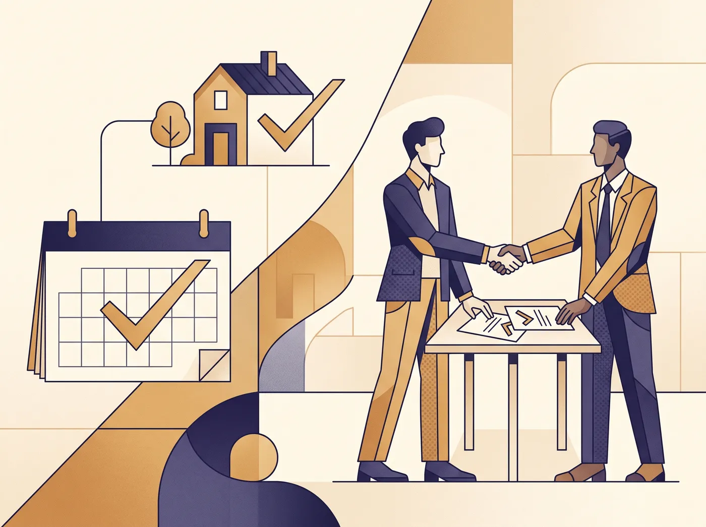 Editorial illustration of a home loan closing on time with a handshake