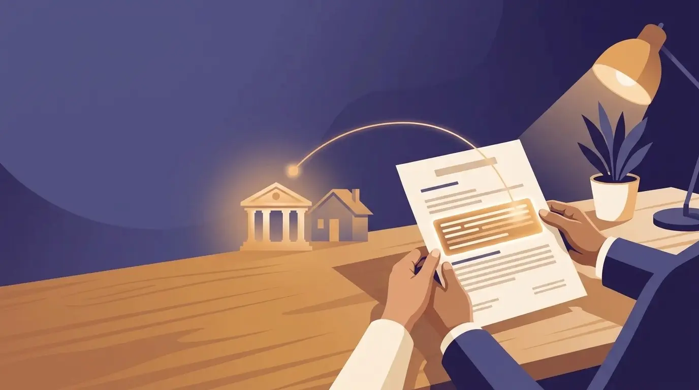 Illustration of hands aligning an insurance document with the mortgagee clause highlighted, connected to the lender
