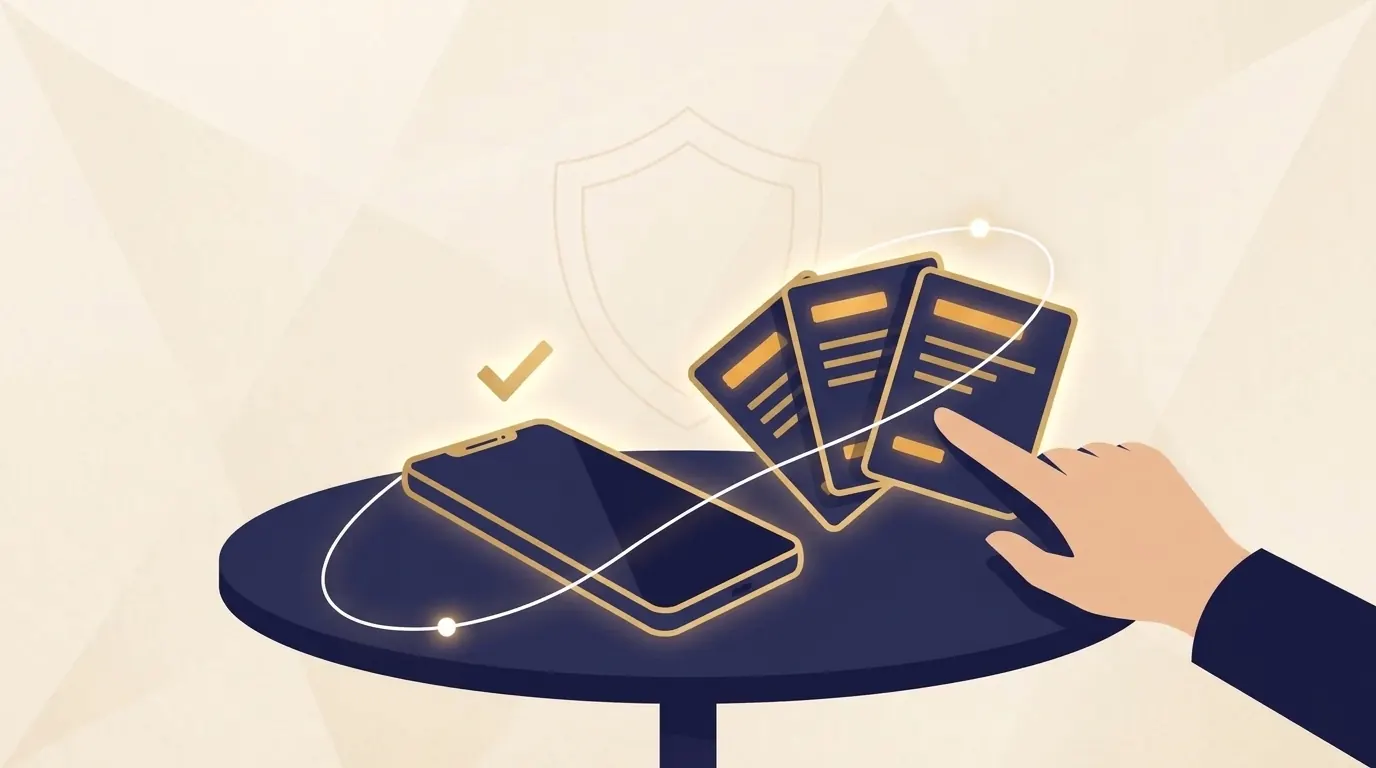 Illustration of a quiet phone face-down beside three quote cards from local insurance agents, a hand choosing one